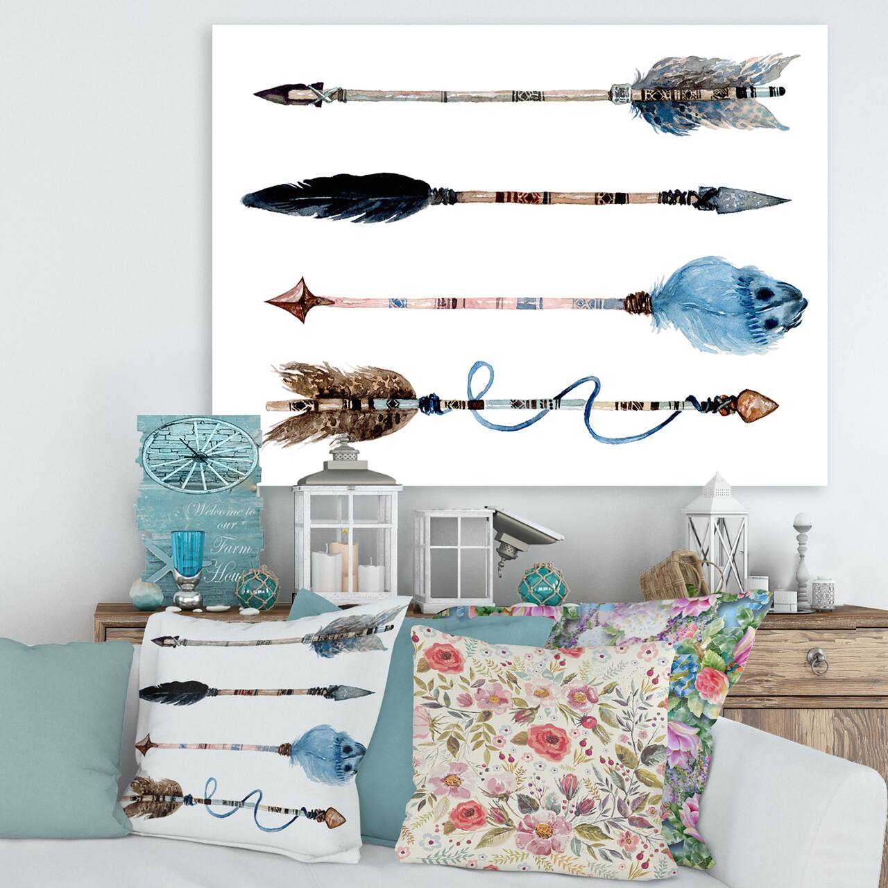 Designart - Ethnic Feathers and Flowers On Native Arrows IV - Bohemian & Eclectic Canvas Wall Art Print